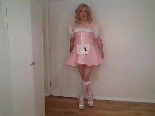 Pink sissy maid's outfit and no panties - ashemaletube.com