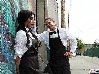 Ariel Demure - My busty shemale waiter colleague jerking off both our dicks - ashemaletube.com